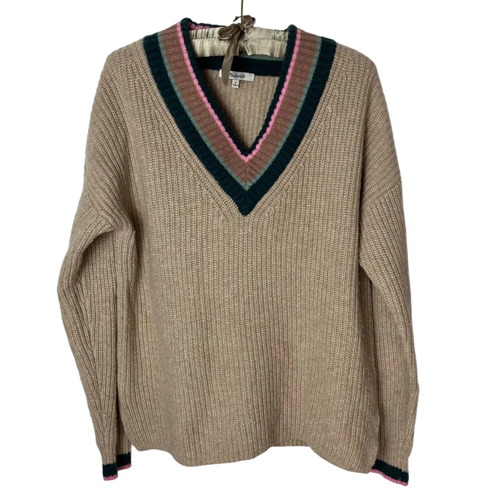 Madewell Tipped Forrest V-Neck Oversized Wool-Blend Sweater Medium - Picture 2 of 9